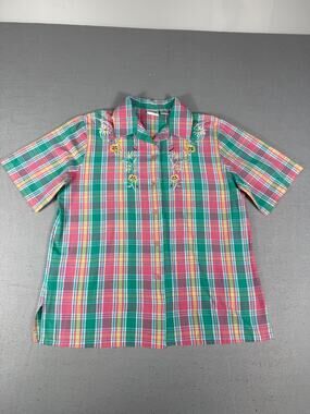 Vintage Napa Valley Petites Plaid Shirt M Embroidered Flowers Butterfly Pastel